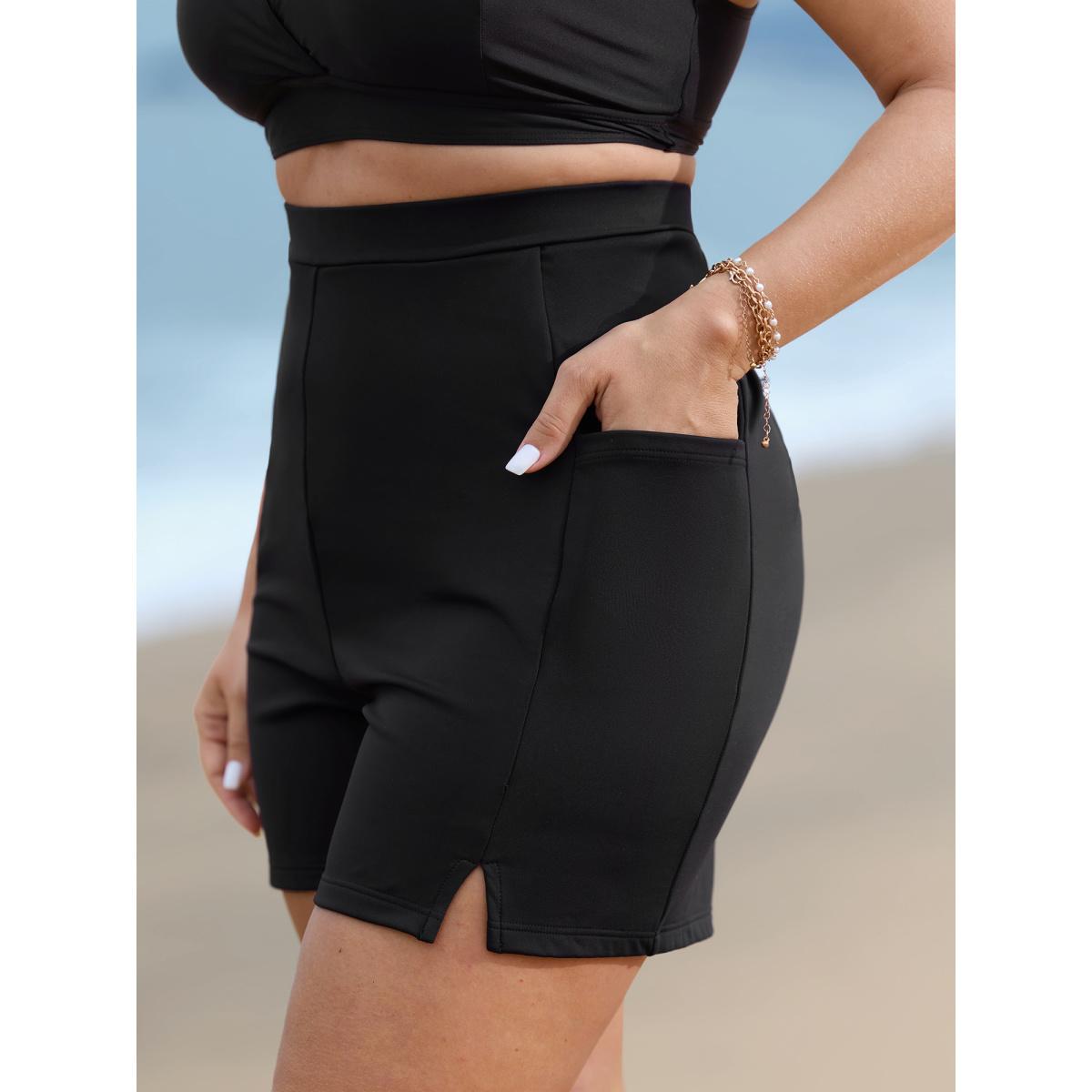 Plus Size High Rise Pocket Split Side Swim Bottom Women's Swimwear Black Resort Non High stretch Skinny High Rise Slanted pocket Curve Swim Bottoms BloomChic 26/4X Product Image