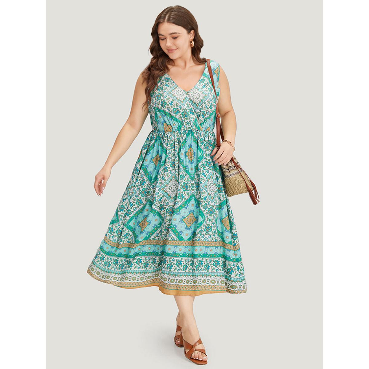 Plus Size Bandana Print Overlap Collar Pocket Tank Dress Mint Women Vacation Gathered V-neck Sleeveless Curvy Midi Dress BloomChic 14-16/1X Product Image