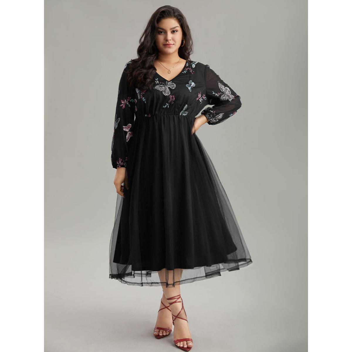 Plus Size Butterfly Embroidered Mesh Gathered Patchwork Dress Black Women Party Elastic cuffs V-neck Long Sleeve Curvy Midi Dress BloomChic 26/4X Product Image