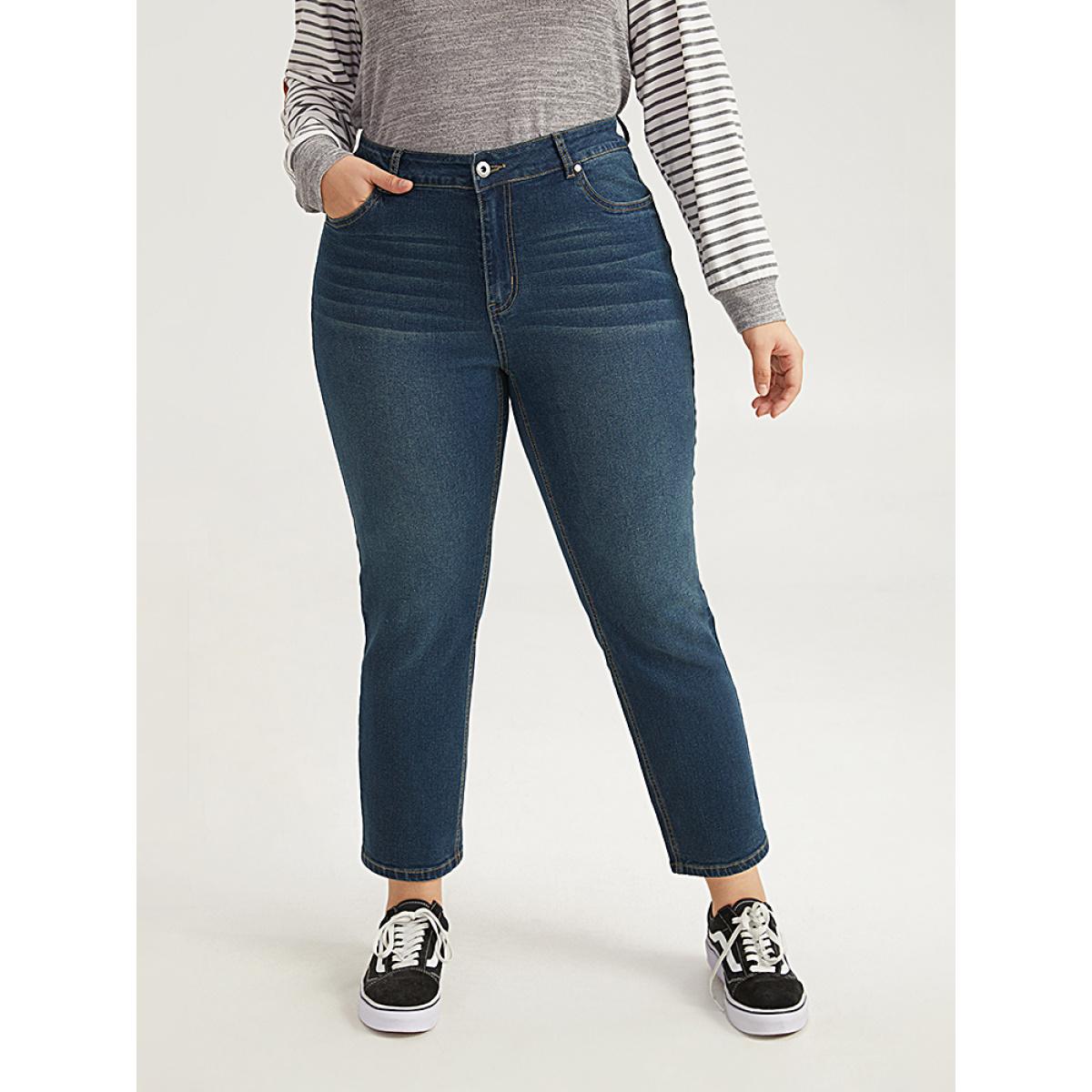 Plus Size Plain Medium Wash Straight Leg Jeans Women Indigo Casual Plain Plain High stretch Pocket Jeans BloomChic 16/1X Product Image