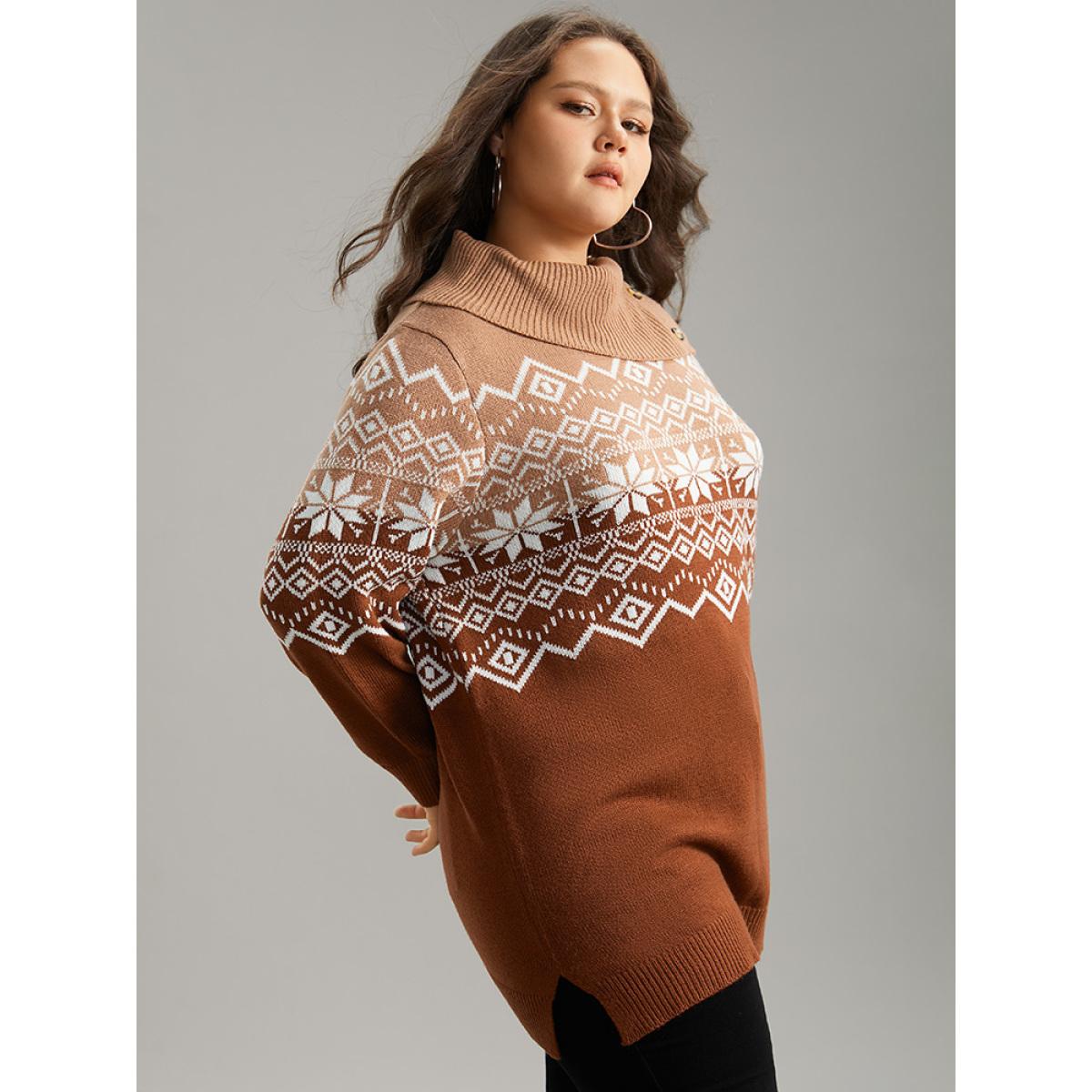 Plus Size Snowflake Print Button Detail Split Side Pullover Multicolor Women Casual Loose Long Sleeve Lapel Collar Festival-Christmas Pullovers BloomChic 22-24/3X Product Image