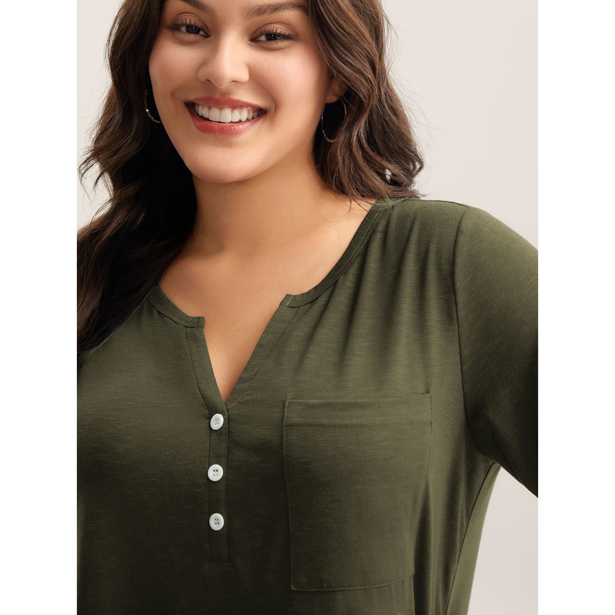Plus Size Solid Split Neck Button Detail T-Shirt ArmyGreen Women Leisure Button Notched collar Casual T-shirts BloomChic 30/6X Product Image
