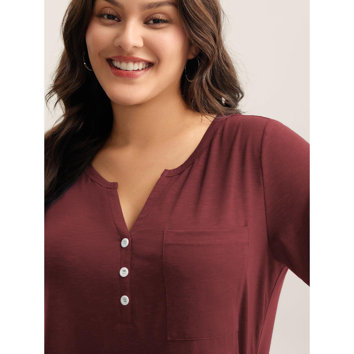 Plus Size Solid Split Neck Button Detail T-Shirt Burgundy Women Leisure Button Notched collar Casual T-shirts BloomChic 10/M Product Image