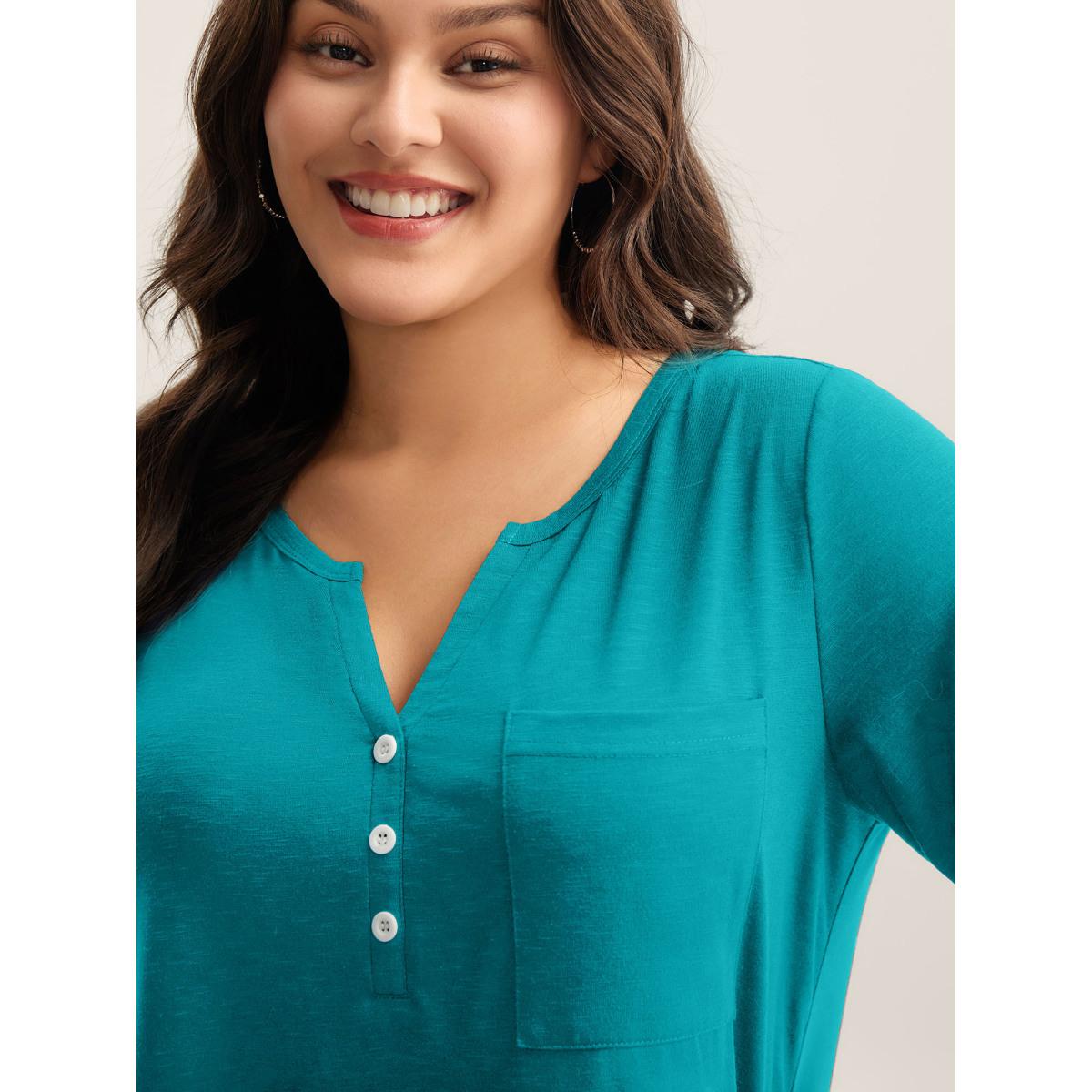 Plus Size Solid Split Neck Button Detail T-Shirt Cerulean Women Leisure Button Notched collar Casual T-shirts BloomChic 28/5X Product Image