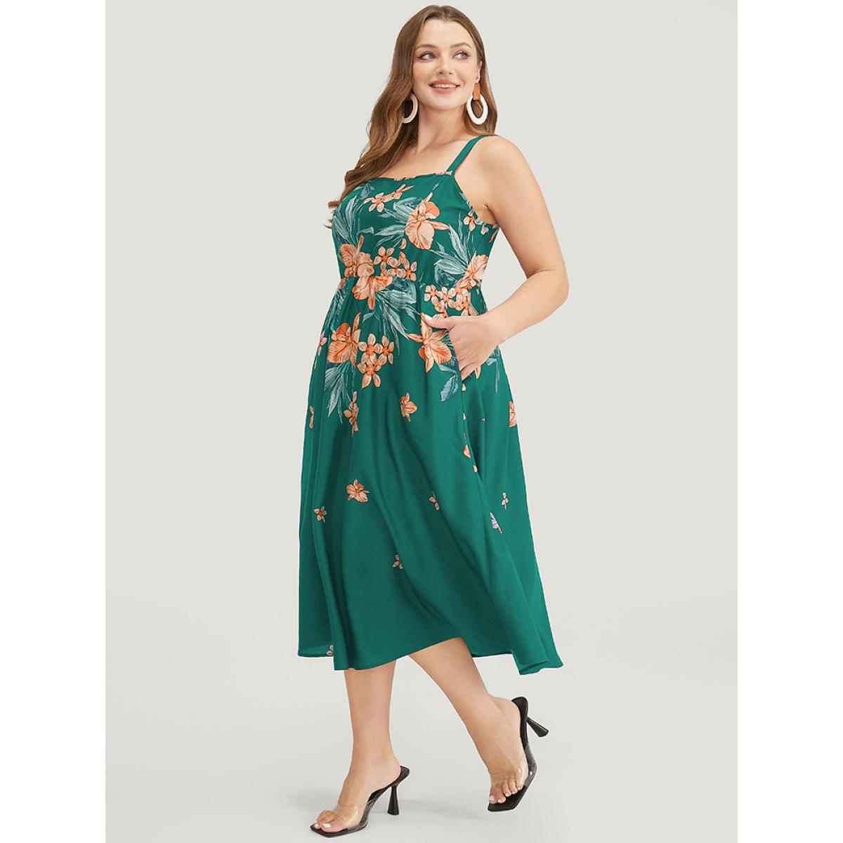 Plus Size Floral Pocket Adjustable Straps Ruffle Hem Cami Dress Green Women Elegant Adjustable Straps Spaghetti Strap Sleeveless Curvy Midi Dress BloomChic 14-16/1X Product Image