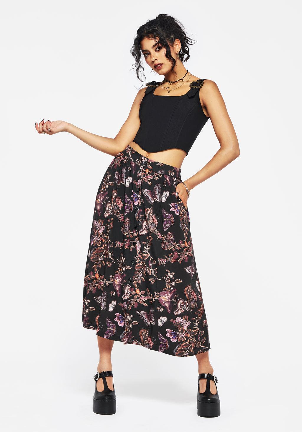 Eloise Floral Butterfly Print Button Up Midi Skirt Product Image