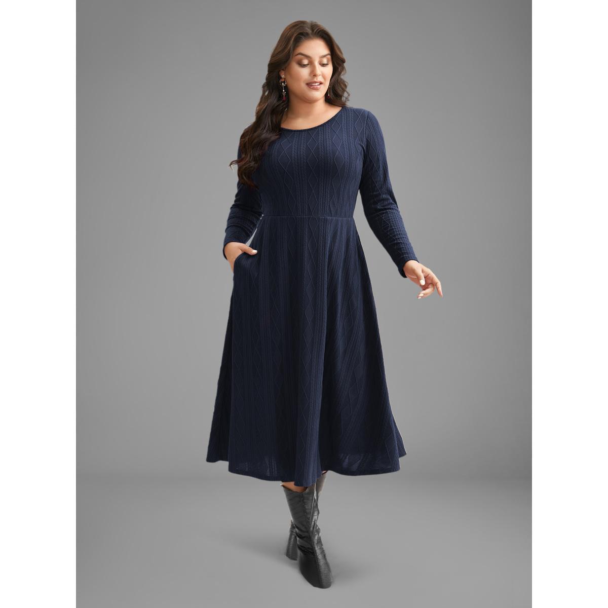 Plus Size Textured Knit Fit-And-Flare Midi Dress Midnight Women Leisure Texture Round Neck Long Sleeve Curvy BloomChic 12/L Product Image