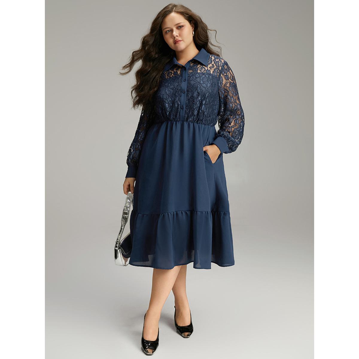 Plus Size Contrast Lace Shirt Collar Ruffle Hem Dress Indigo Women Office Plain Shirt collar Long Sleeve Curvy Midi Dress BloomChic 28/5X Product Image