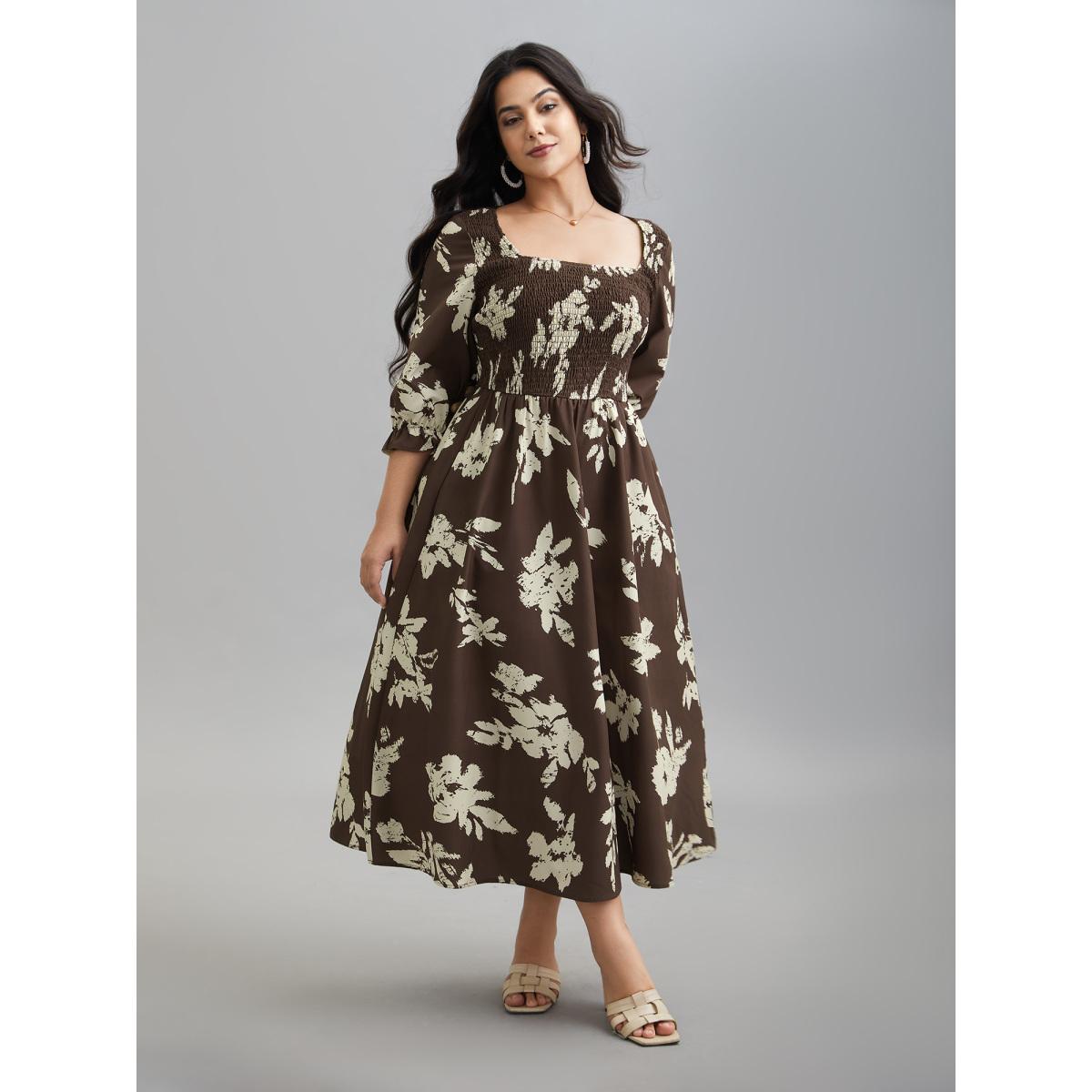 Plus Size Leaf Print Square Neck Ruffled Shirred Midi Dress Browncoffeecolor Women Elegant Shirred Square Neck Elbow-length sleeve Curvy BloomChic 14-16/1X Product Image