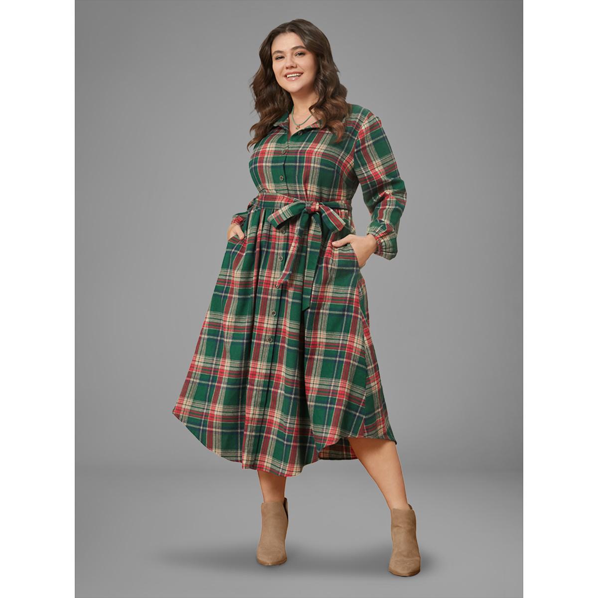 Plus Size Plaid Button Detail Pocket Belted Arc Hem Dress Multicolor Women Leisure Pocket Shirt collar Long Sleeve Curvy Midi Dress BloomChic 26/4X Product Image