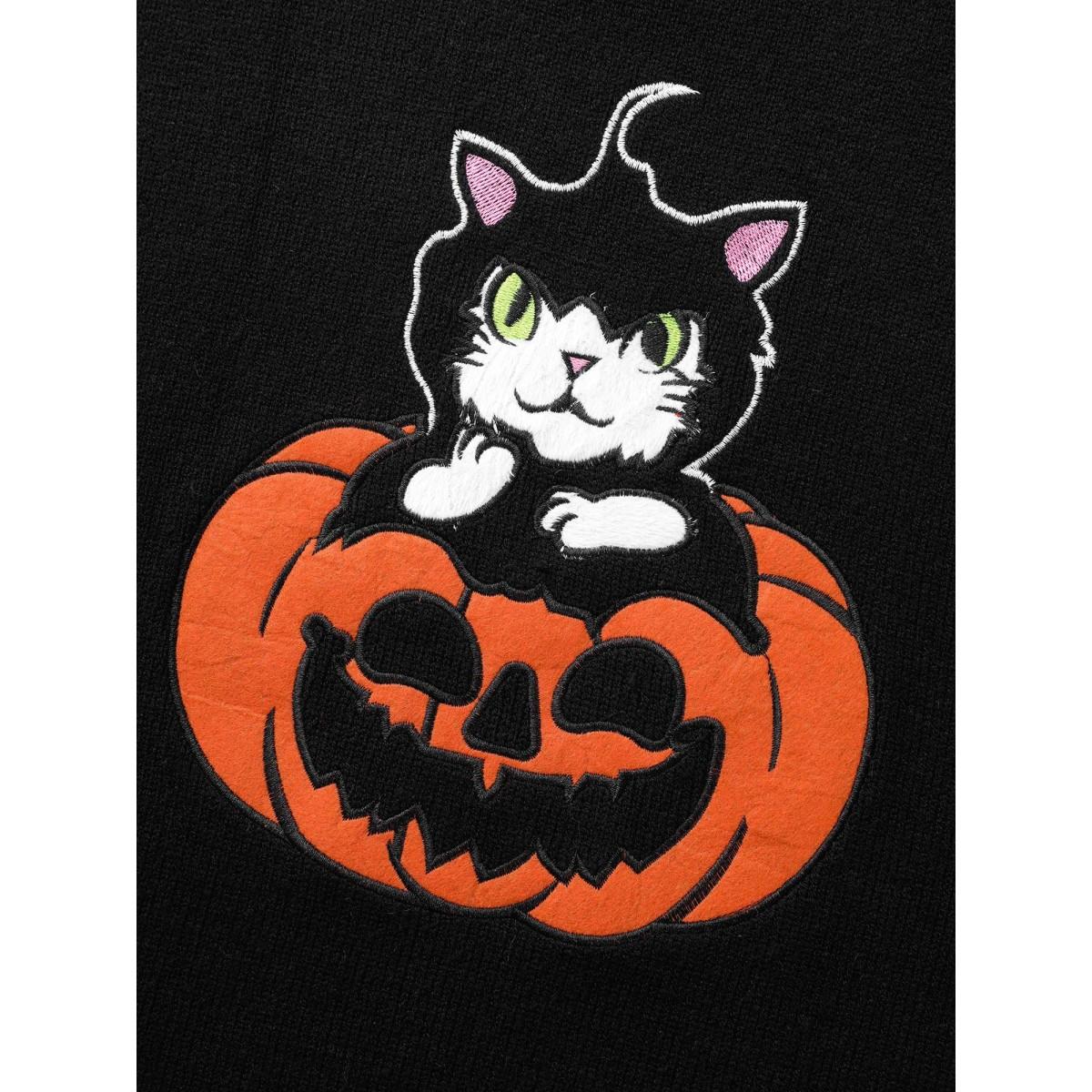 Plus Size Embroidered Cat In Pumpkin Crew Neck Pullover Black Women Casual Long Sleeve Round Neck Everyday Pullovers BloomChic 18-20/2X Product Image