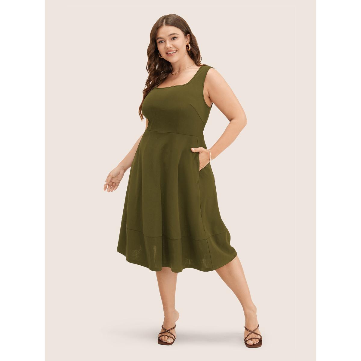 Plus Size Solid Pocket Sleeveless Ruffle Hem Tank Dress ArmyGreen Women Workwear Essentials Non Round Neck Sleeveless Curvy Midi Dress BloomChic 14-16/1X Product Image
