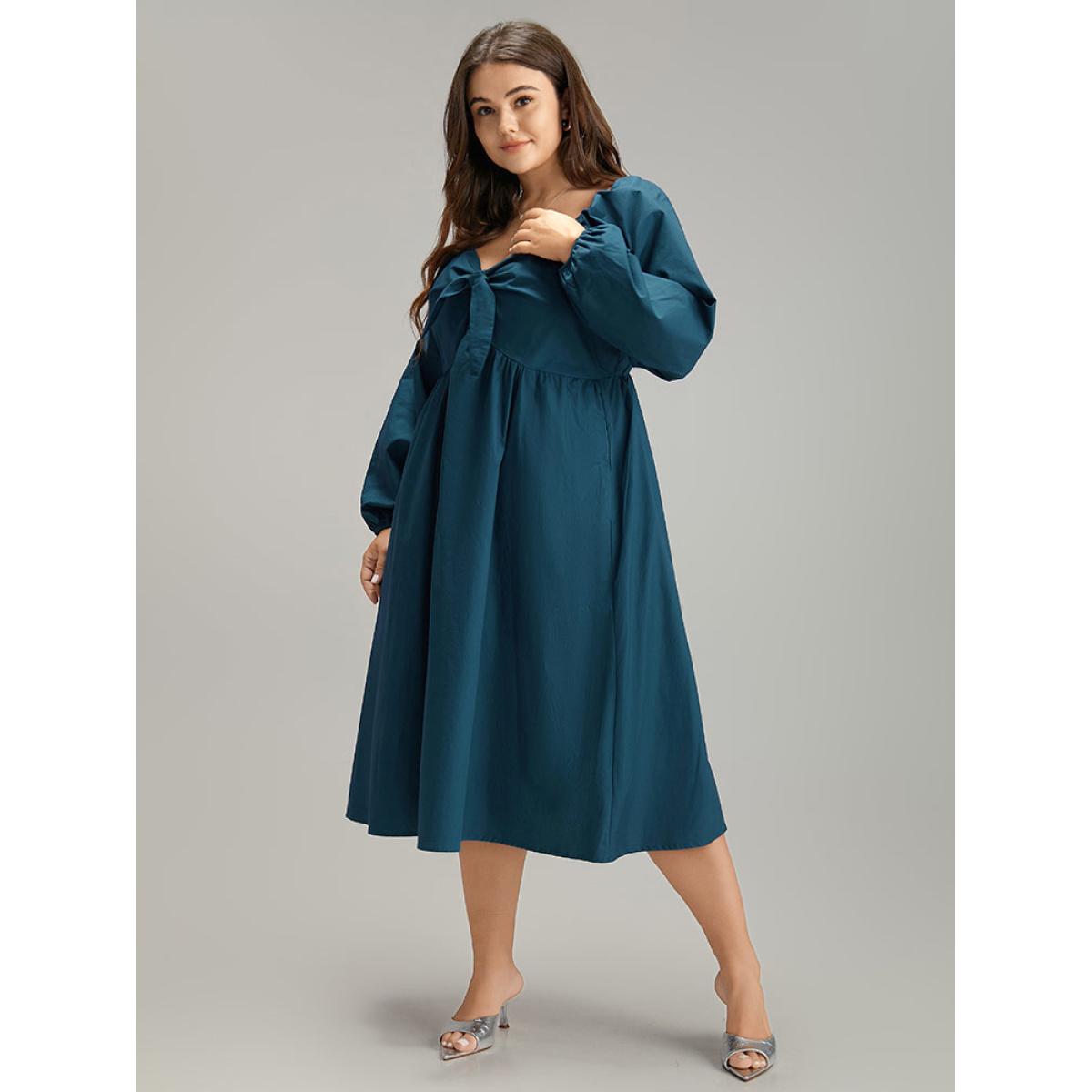 Plus Size Cotton Solid Bowknot Gathered Detail Dress Aegean Women Elegant Elastic cuffs Tie Neck Long Sleeve Curvy Midi Dress BloomChic 30/6X Product Image