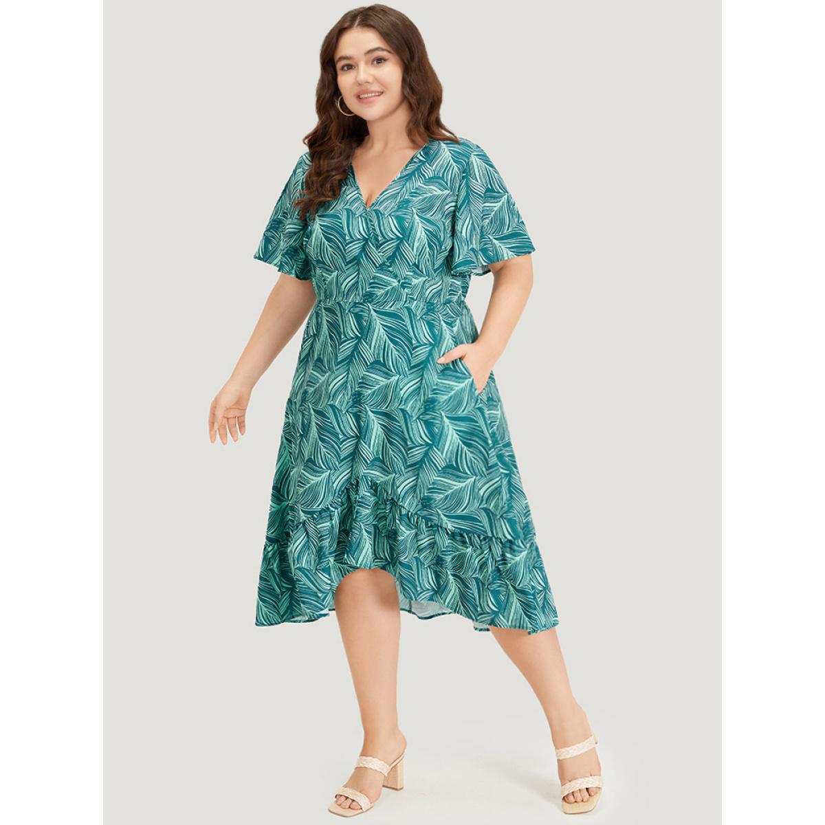 Plus Size Plant Print Ruffles Pocket Asymmetrical Hem Wrap Dress Green Women Vacation Wrap V-neck Short sleeve Curvy Midi Dress BloomChic 28/5X Product Image