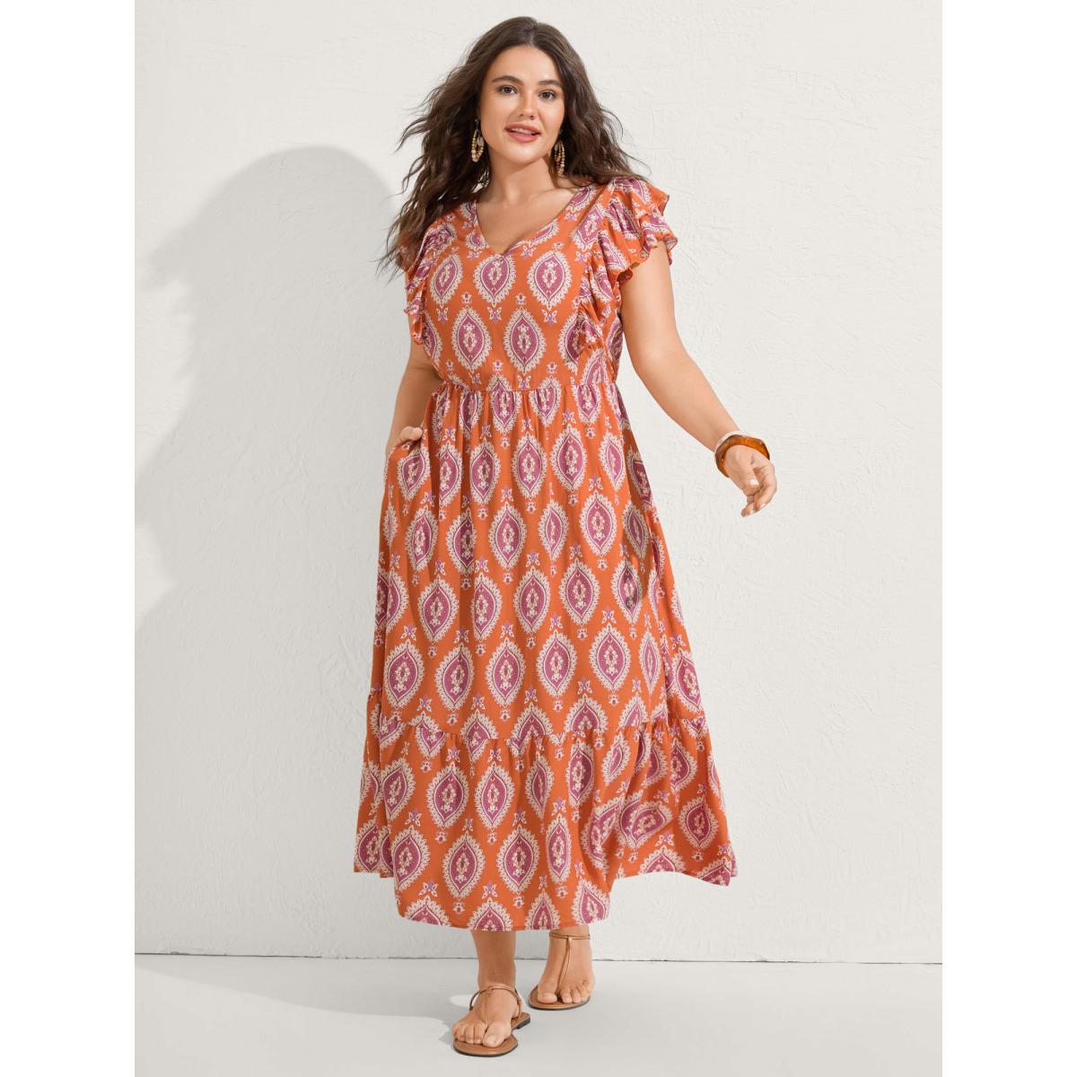 Plus Size Rayon Boho Print Pocket Midi Dress Coral Women Boho V-neck Cap Sleeve Curvy BloomChic 12/L Product Image