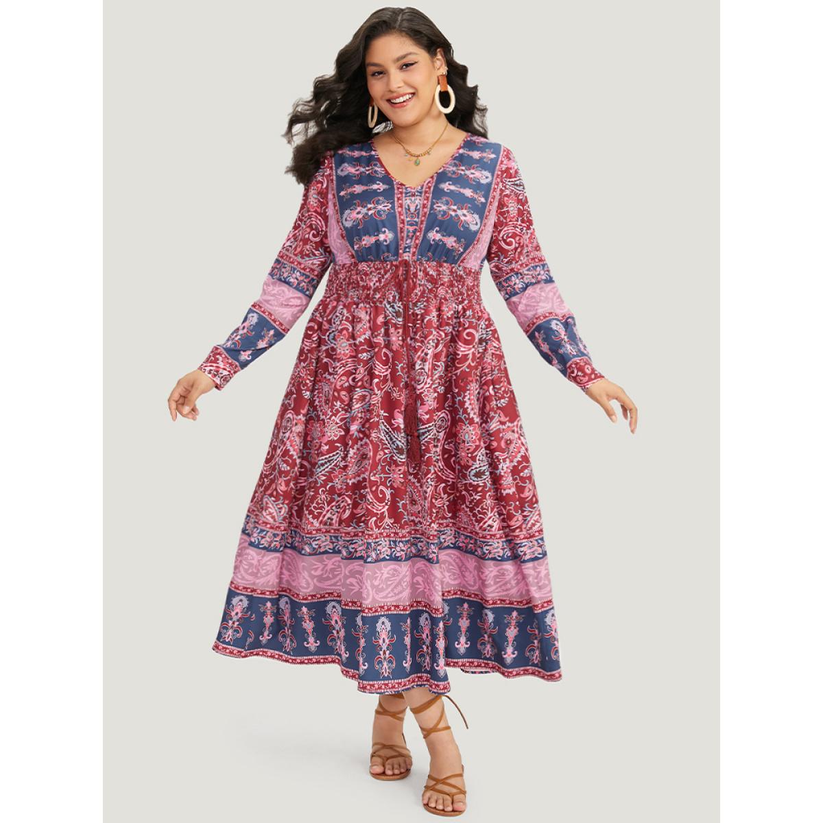 Plus Size Bandana Print Pocket Shirred Bowknot Dress Scarlet Women Vacation Cross straps V-neck Long Sleeve Curvy Midi Dress BloomChic 12/L Product Image