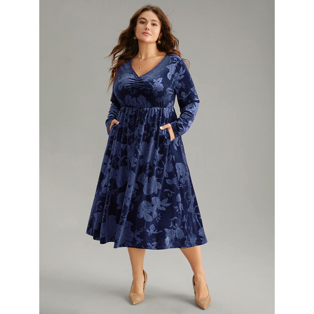 Plus Size Velvet Jacquard Elastic Waist Ruched Dress Indigo Women Elegant Velvet V-neck Long Sleeve Curvy Midi Dress BloomChic 26/4X Product Image