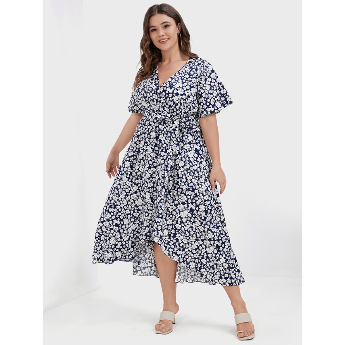 Plus Size Floral Belted Ruffles Split Pocket Wrap Dress DarkBlue Women Elegant Cross straps V-neck Short sleeve Curvy Midi Dress BloomChic 18-20/2X Product Image
