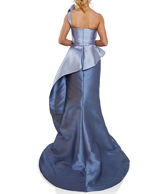 Terani Couture Asymmetrical Neck Two Tone Mikado Peplum Mermaid Gown Product Image