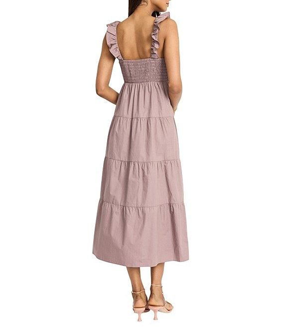 The Good Journey Ruffle V-Neck Smocked Back Tiered Cotton Poplin Midi Dress Product Image