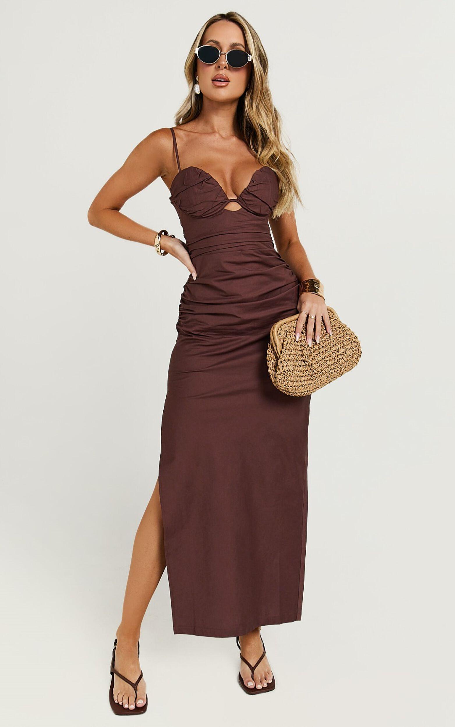 Nicoletta Midi Dress - Sweetheart Back Tie Gathered Dress in Chocolate Product Image
