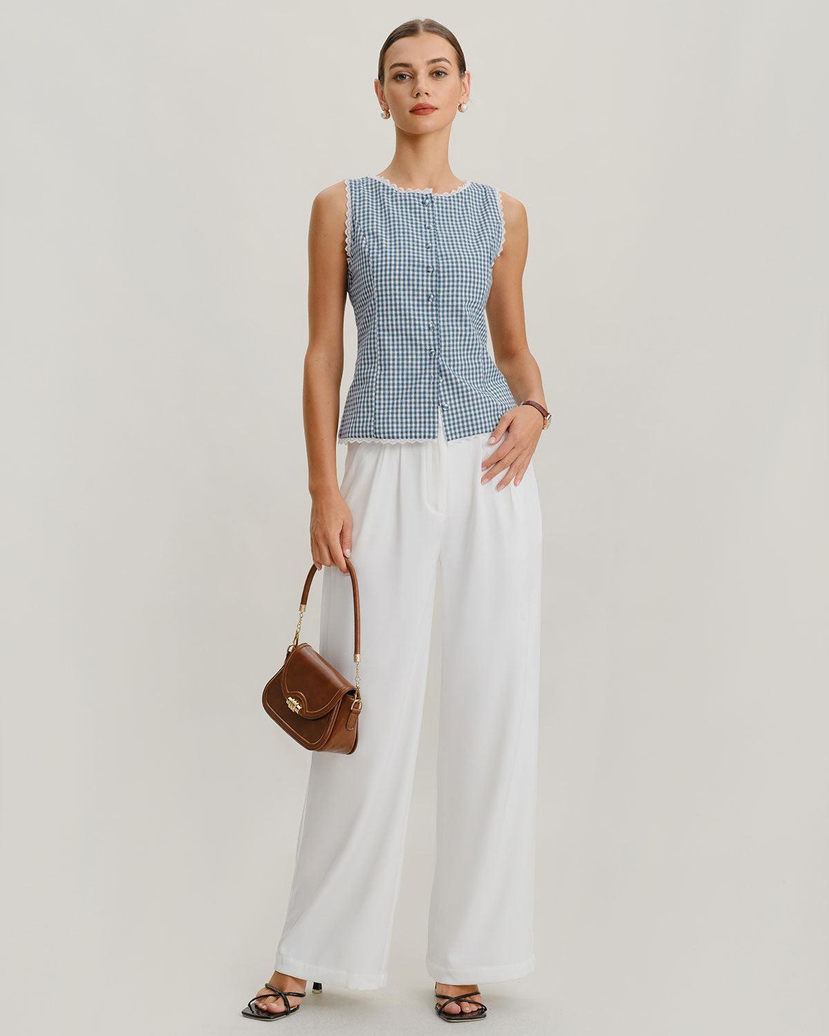 Blue Plaid Boat Neck Tank Top Product Image