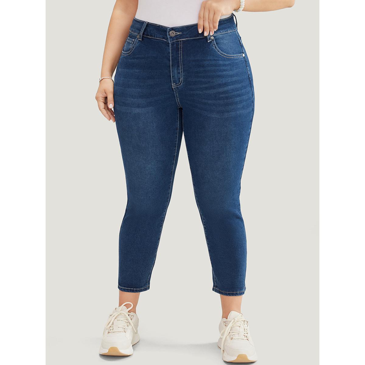 Plus Size Skinny Moderately Stretchy High Rise Dark Wash Jeans Women DarkBlue Casual Plain Medium stretch Jeans BloomChic 10/M Product Image