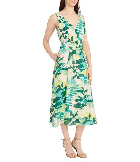 Maggy London V-Neck Sleeveless Belted Printed Floral Faux Linen A-Line Midi Dress Product Image