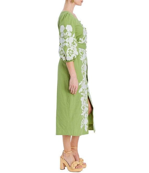 Mestiza New York Suzanna Linen Floral Applique Scoop Neck Elbow Sleeve Midi Dress Product Image