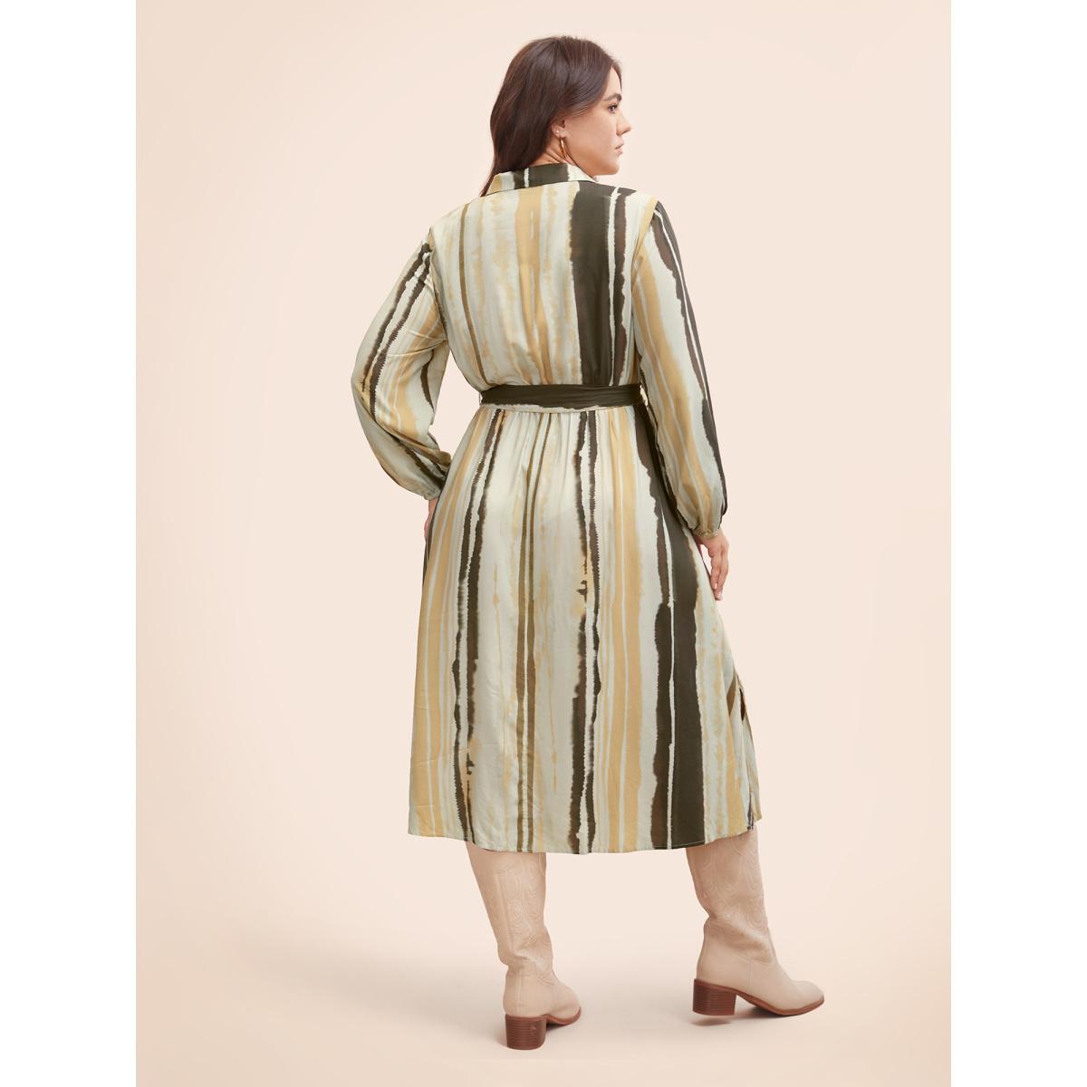 Plus Size Shirt Collar Striped Pocket Belted Dress Multicolor Women Elegant Belted Shirt collar Long Sleeve Curvy BloomChic 12/L Product Image