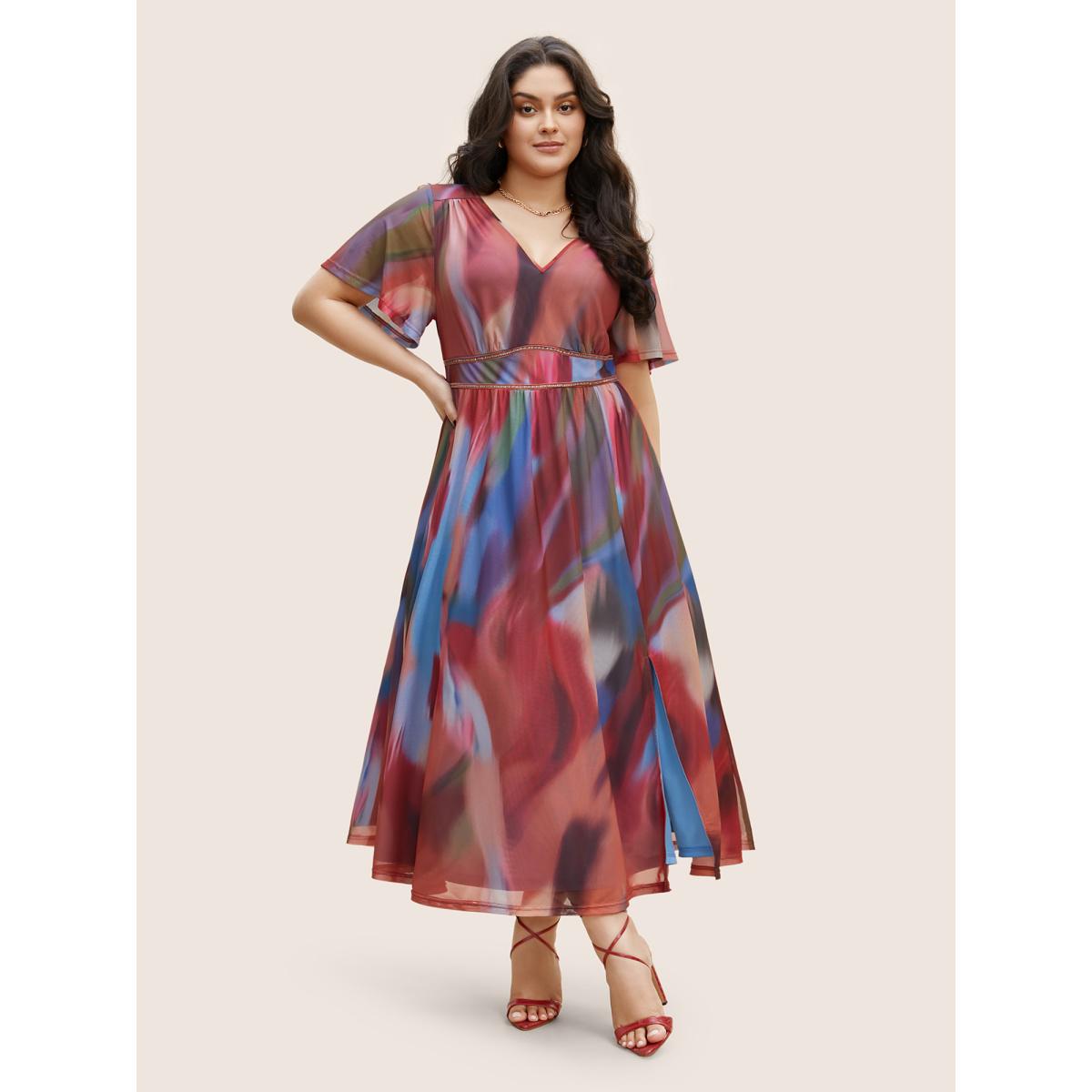 Plus Size Tie Dye Woven Ribbon Split Hem Maxi Dress Multicolor Women Elegant Woven ribbon&lace trim V-neck Short sleeve Curvy BloomChic 14-16/1X Product Image