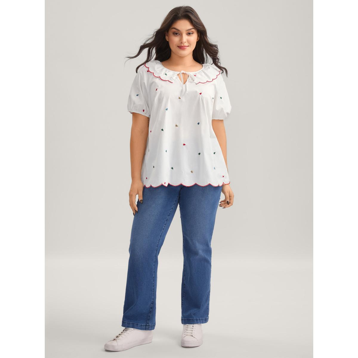 Plus Size Originalwhite Sweetheart Embroidery Doll Collar Blouse Women Short sleeve Peter Pan collar Casual Blouses BloomChic 22-24/3X Product Image