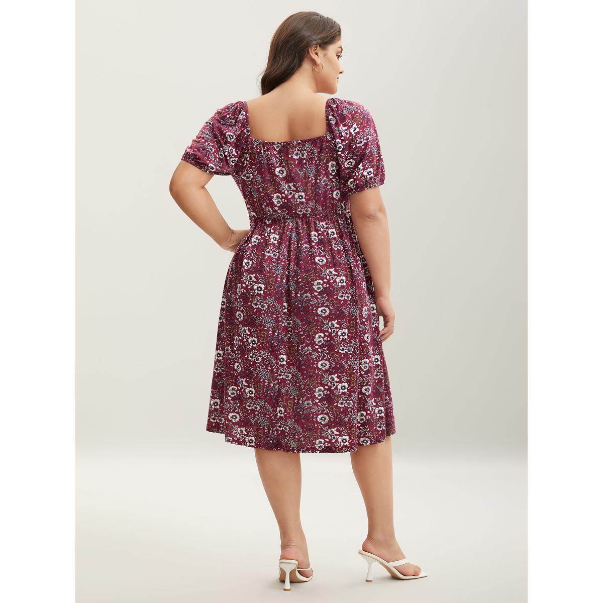 Plus Size Stretchy Ruched Bust Floral Midi Dress Burgundy Women Knit Dresses Bloomchic 10/M Product Image