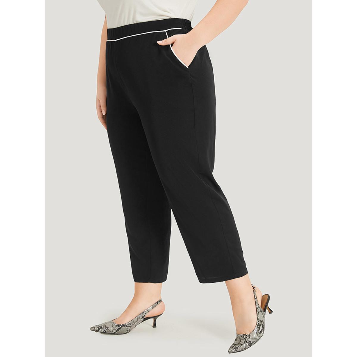 Plus Size Two Tone Seam Detail Pocket Elastic Waist Pants Women Black Office Straight Leg High Rise Work Pants BloomChic 22-24/3X Product Image