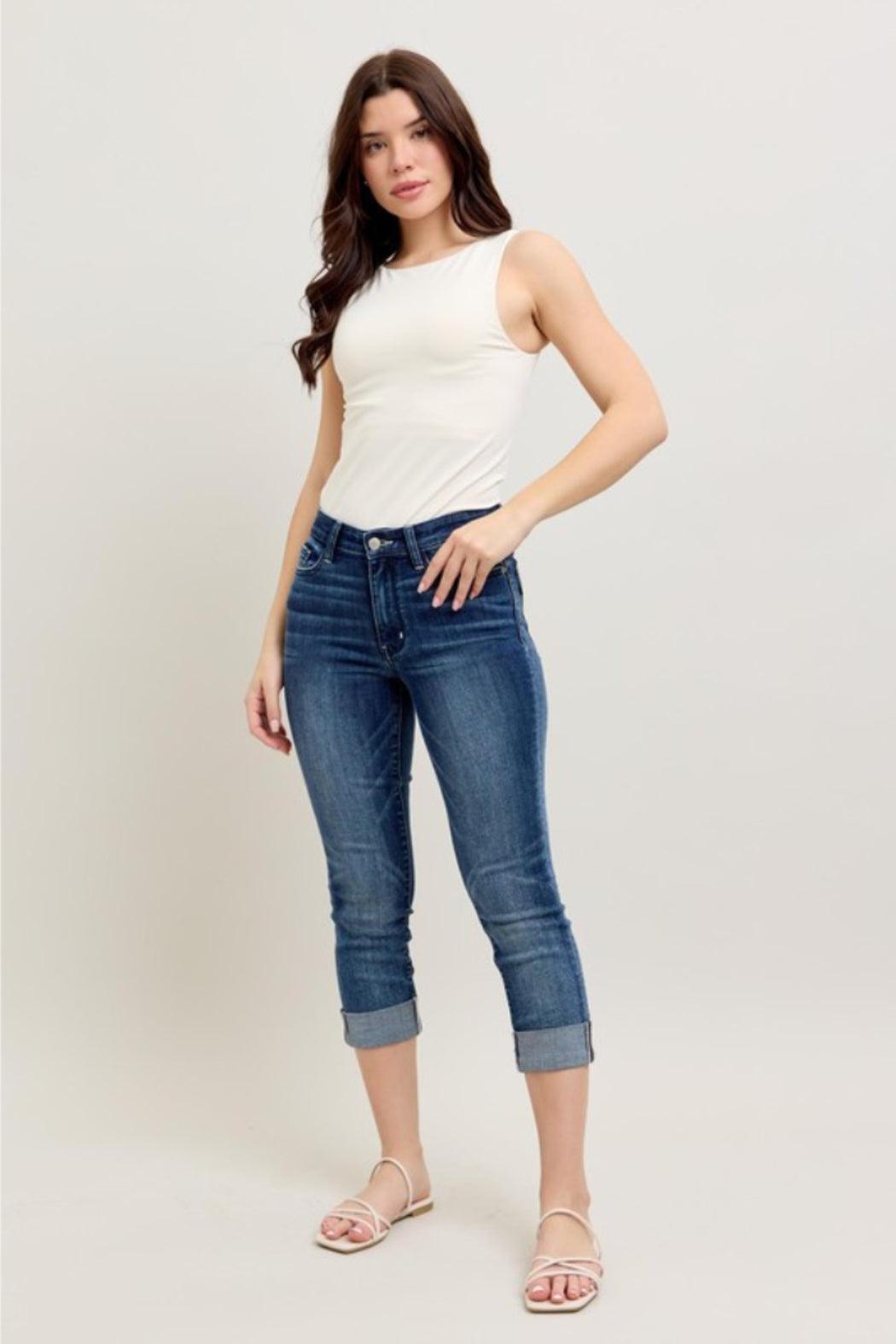 Dark Wash Cuffed Capri Product Image