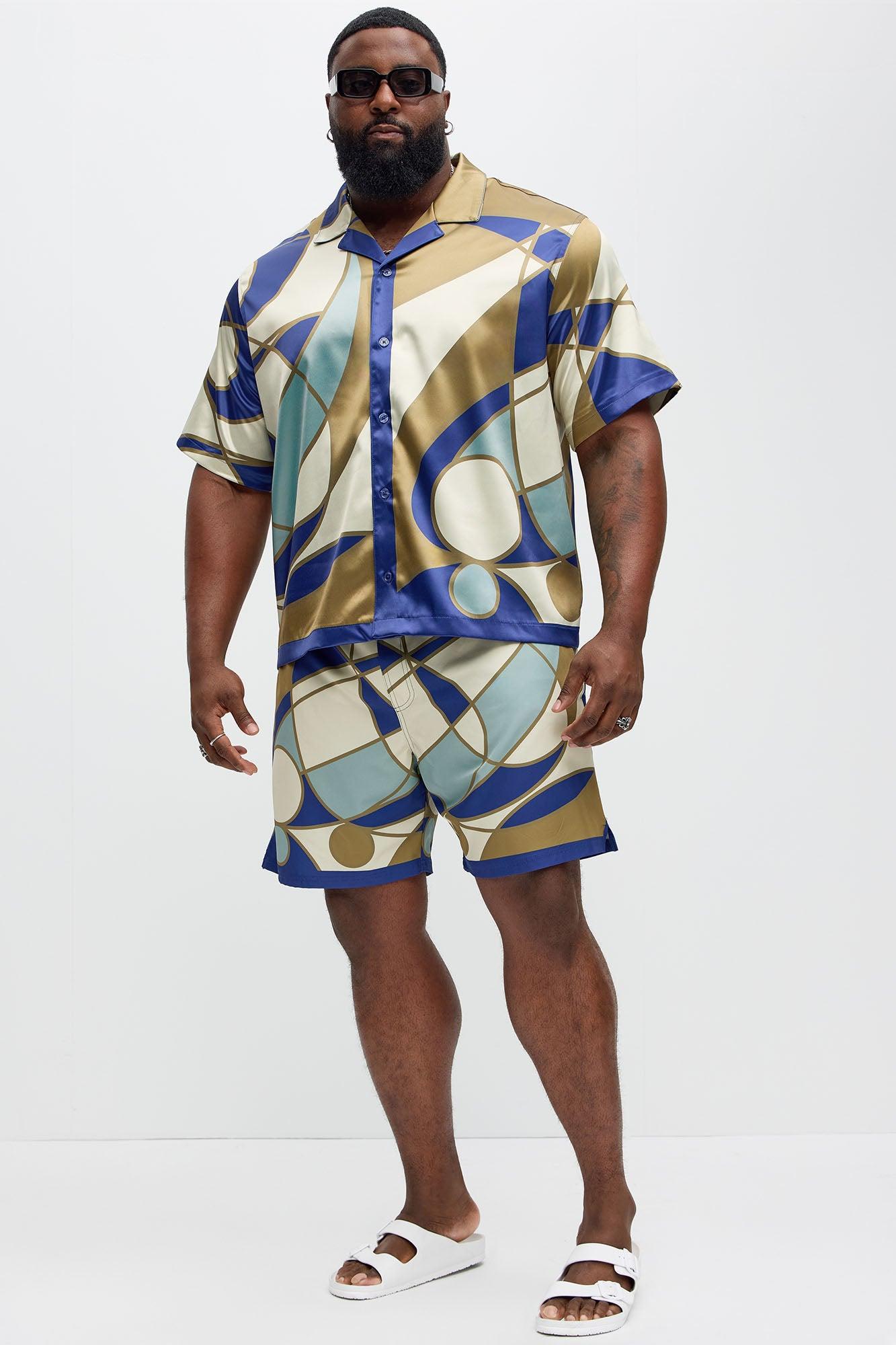 Geometric Paneled Cuban Collar Button Up Shirt - Multi Color Product Image