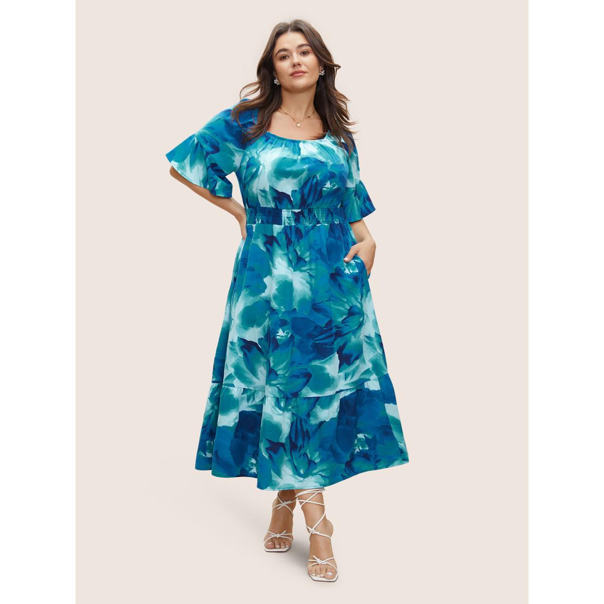 Plus Size Square Neck Floral Shirred Ruffle Sleeve Dress Blue Women Elegant Non Square Neck Short sleeve Curvy Midi Dress BloomChic 12/L Product Image