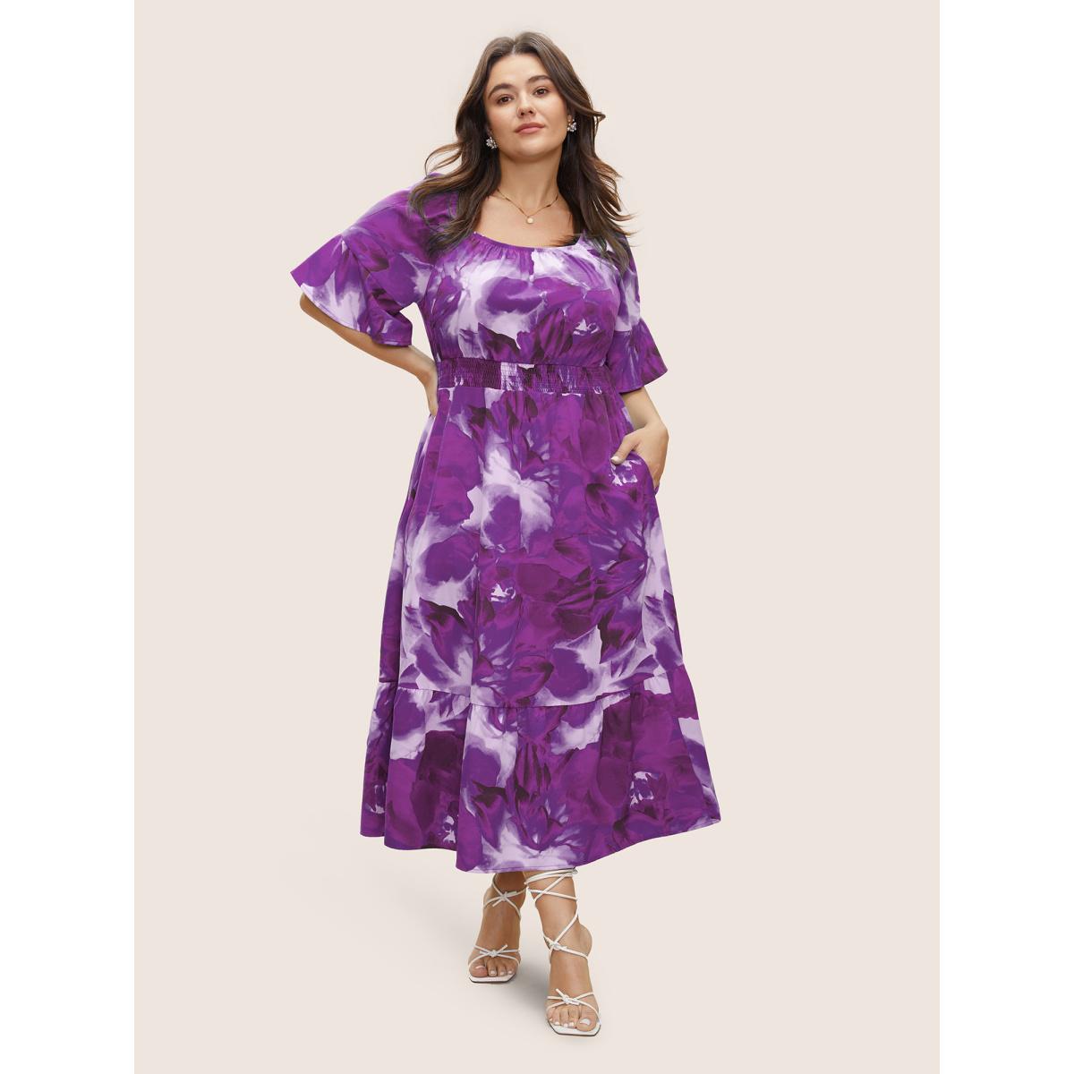 Plus Size Square Neck Floral Shirred Ruffle Sleeve Dress Purple Women Elegant Non Square Neck Short sleeve Curvy Midi Dress BloomChic 30/6X Product Image