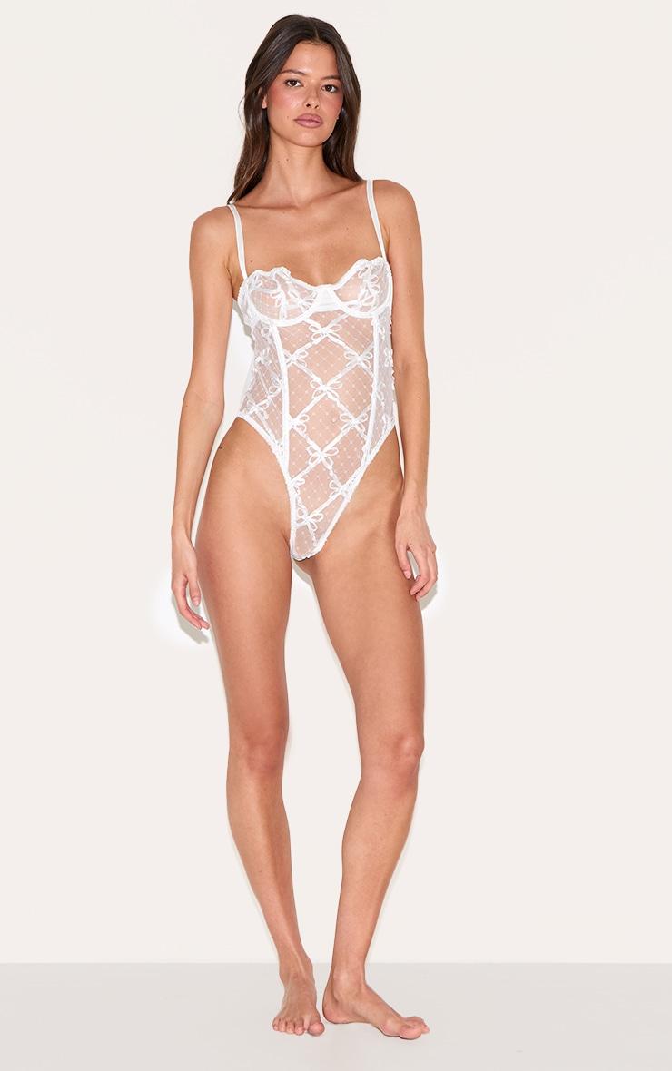 White Mesh Bow Detail Underwired Lingerie Bodysuit Product Image