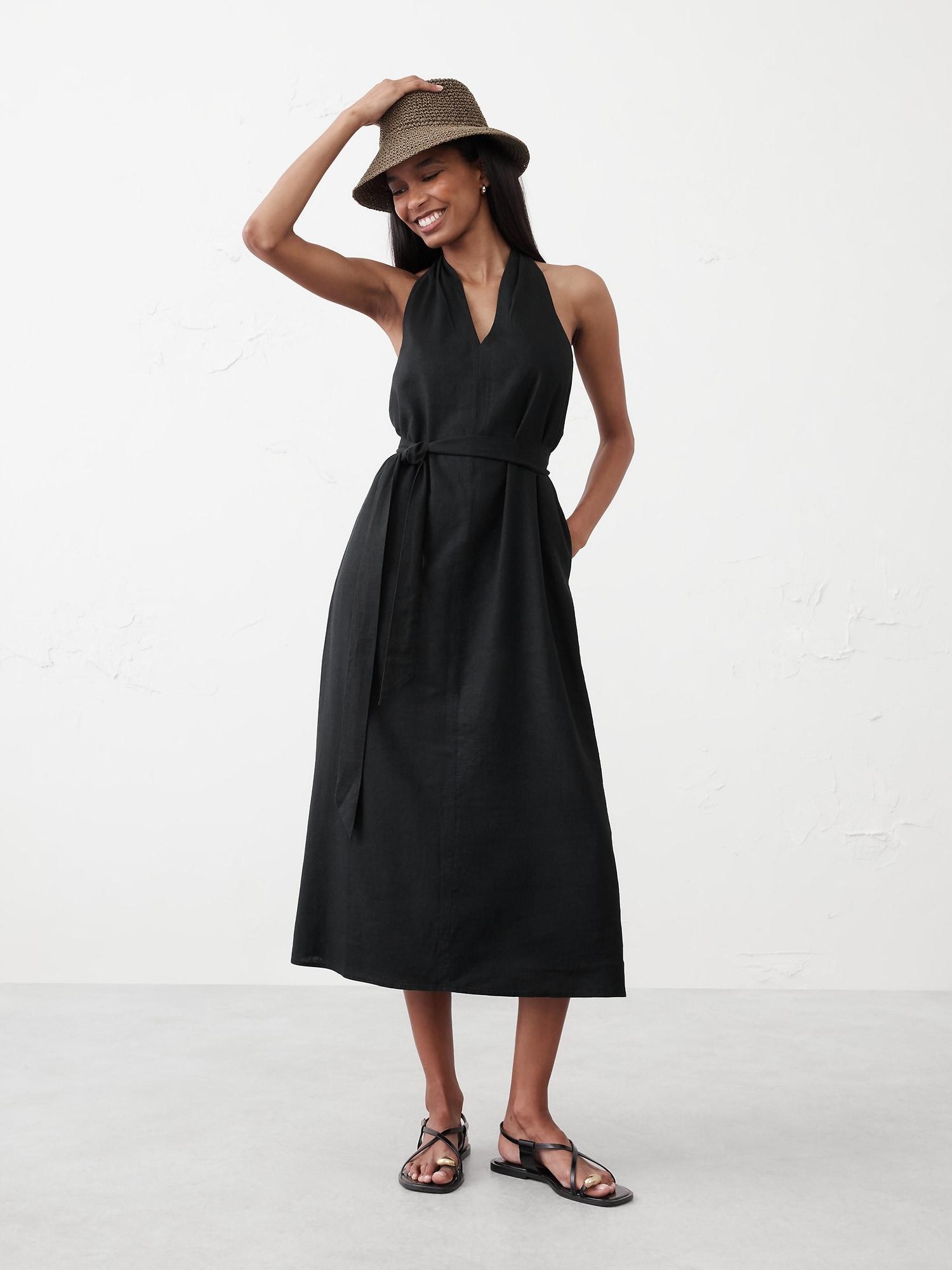 Linen-Blend Twist-Back Midi Dress Product Image