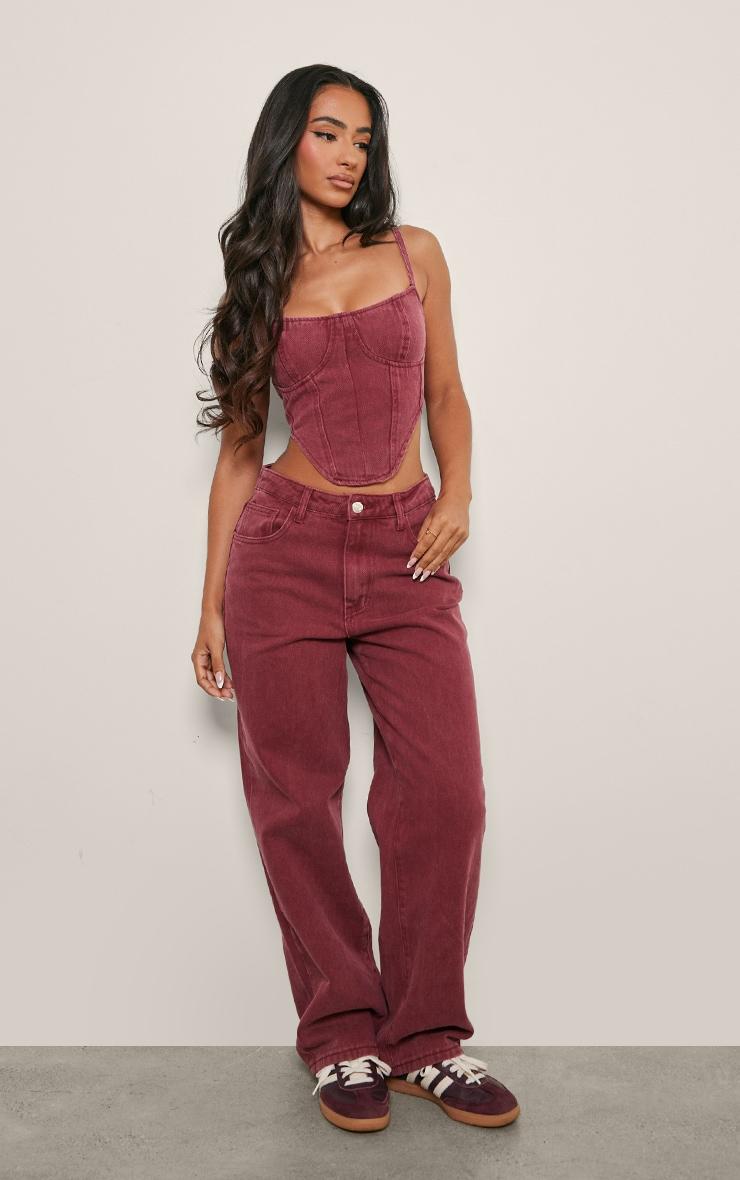 Petite Burgundy Dipped Hem Denim Corset Top Product Image
