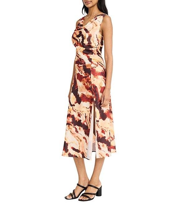 Donna Morgan Cowl Neck Front Slit Printed Midi Dress Product Image