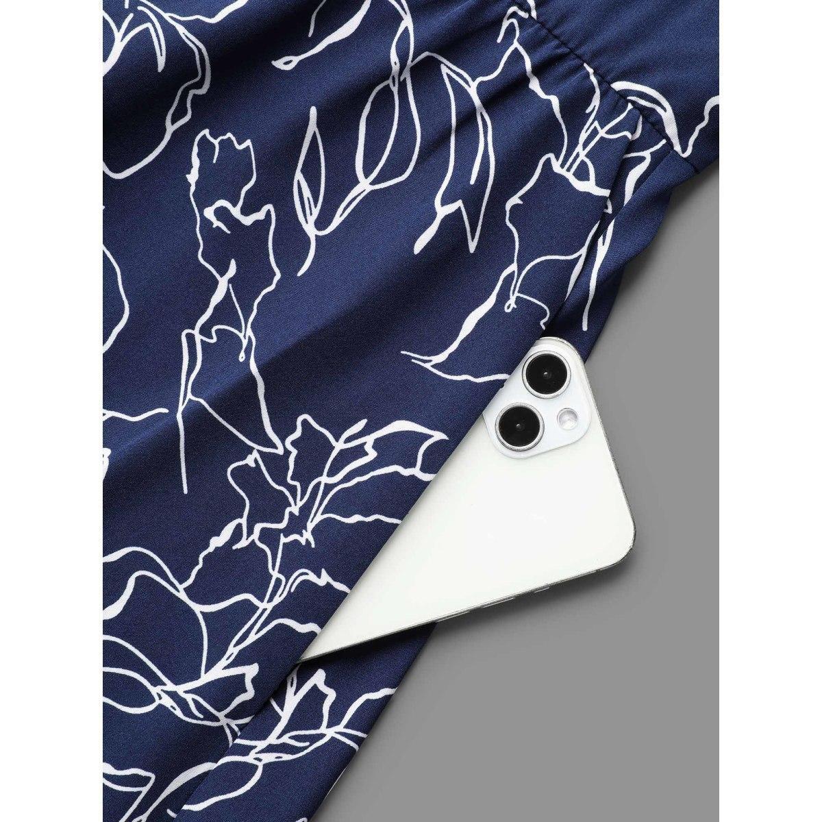 Plus Size Surplice Neck Abstract Print Fit Midi Dress Navy Women At the Office Gathered Overlap Collar Elbow-length sleeve Curvy BloomChic 18-20/2X Product Image