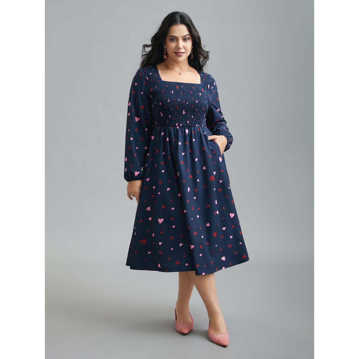 Plus Size Square Neck Shirred Hearts Midi Dress Indigo Women Elegant Shirred Square Neck Long Sleeve Curvy BloomChic 26/4X Product Image