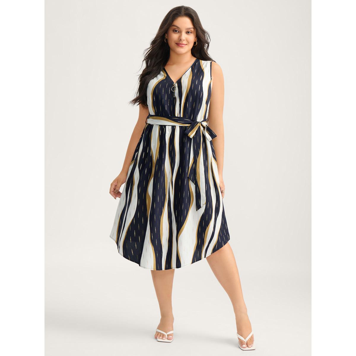 Plus Size Gold Stamp Wavy Striped Lined Midi Dress Navy Women V-neck Sleeveless Curvy BloomChic 14-16/1X Product Image