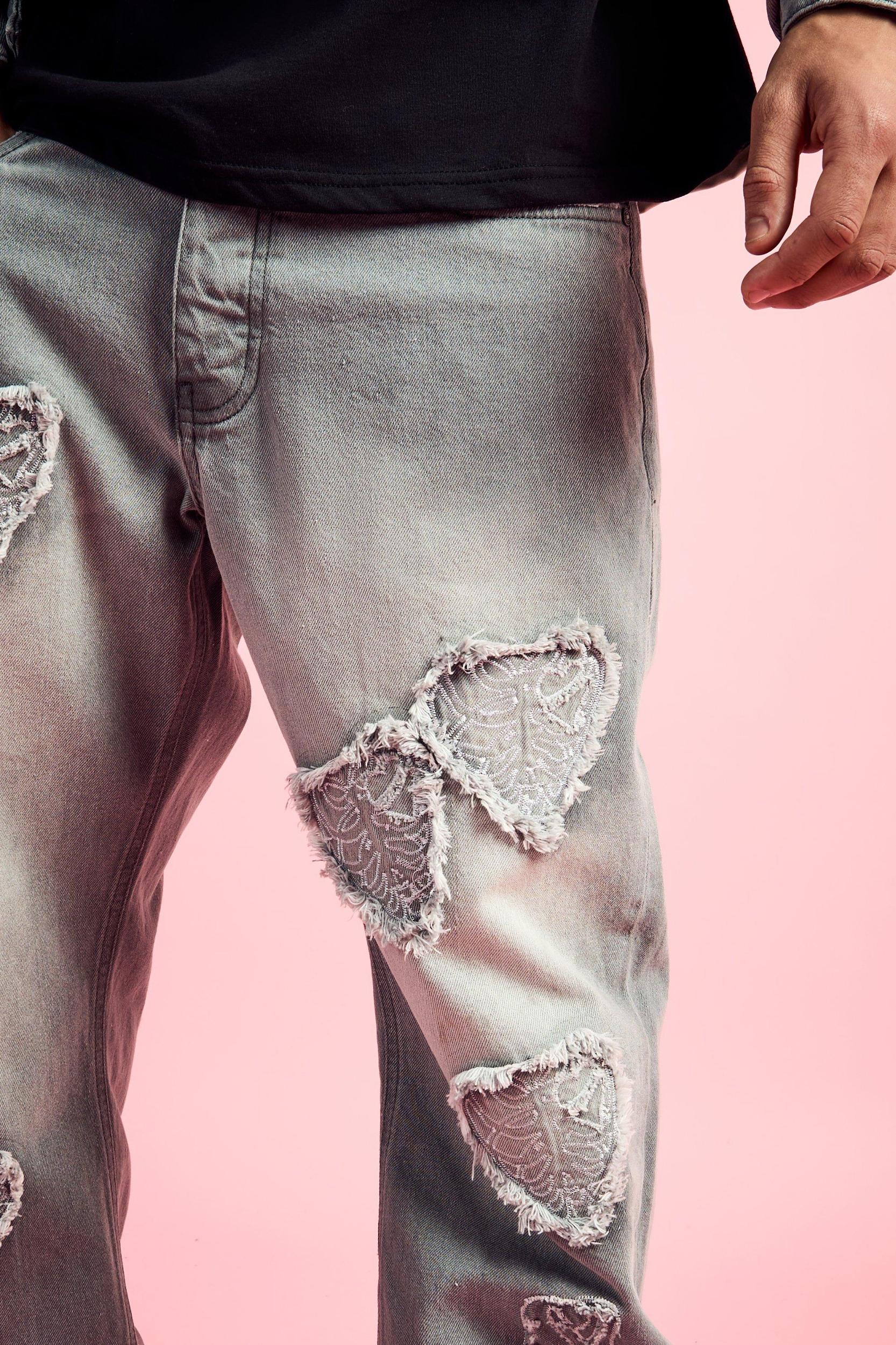 Relaxed Rigid Heart Applique Jean In Light Grey | boohooMAN USA Product Image