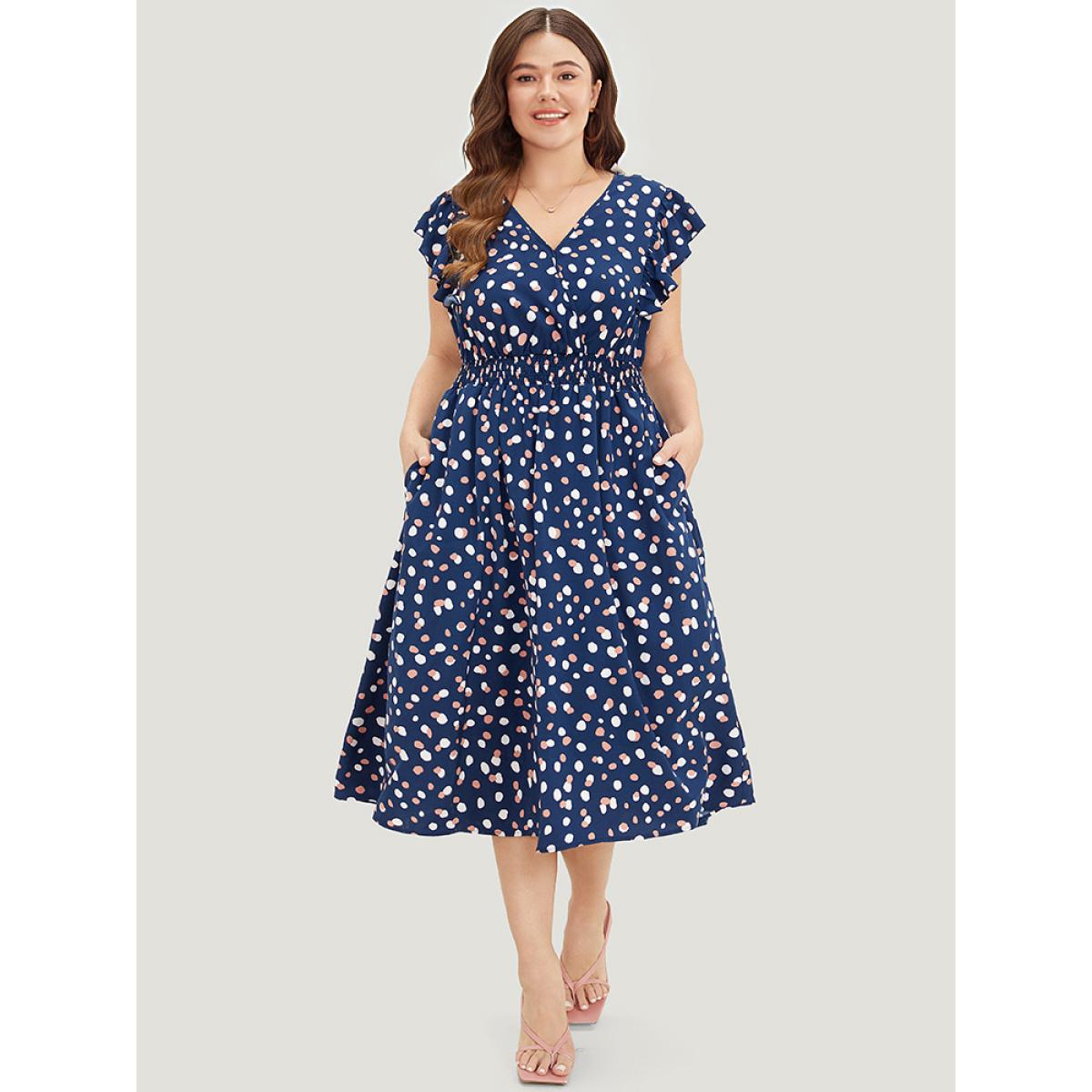 Plus Size Allover Print Pocket Wrap Flutter Cap Sleeve Dress DarkBlue Women Office Wrap V-neck Sleeveless Curvy Midi Dress BloomChic 22-24/3X Product Image