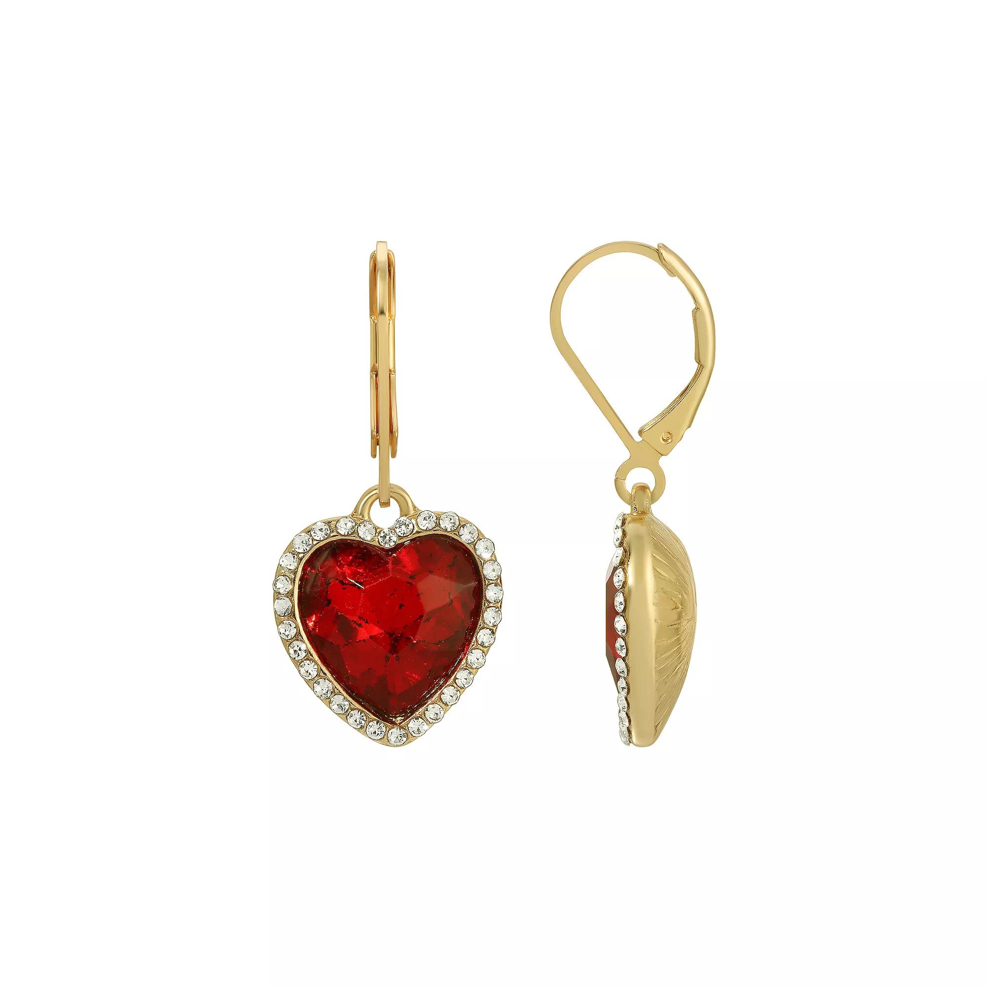 1928 Crystal Heart Leverback Drop Earrings, Women's, Red Product Image