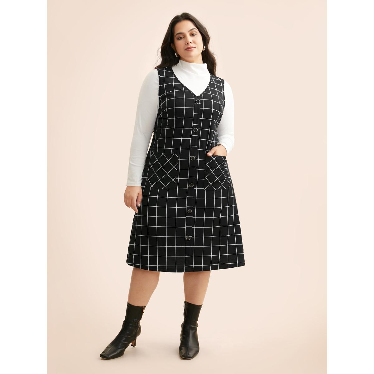 Plus Size Plaid V Neck Button Detail Dress Black Women Casual Button V-neck Sleeveless Curvy BloomChic 22-24/3X Product Image