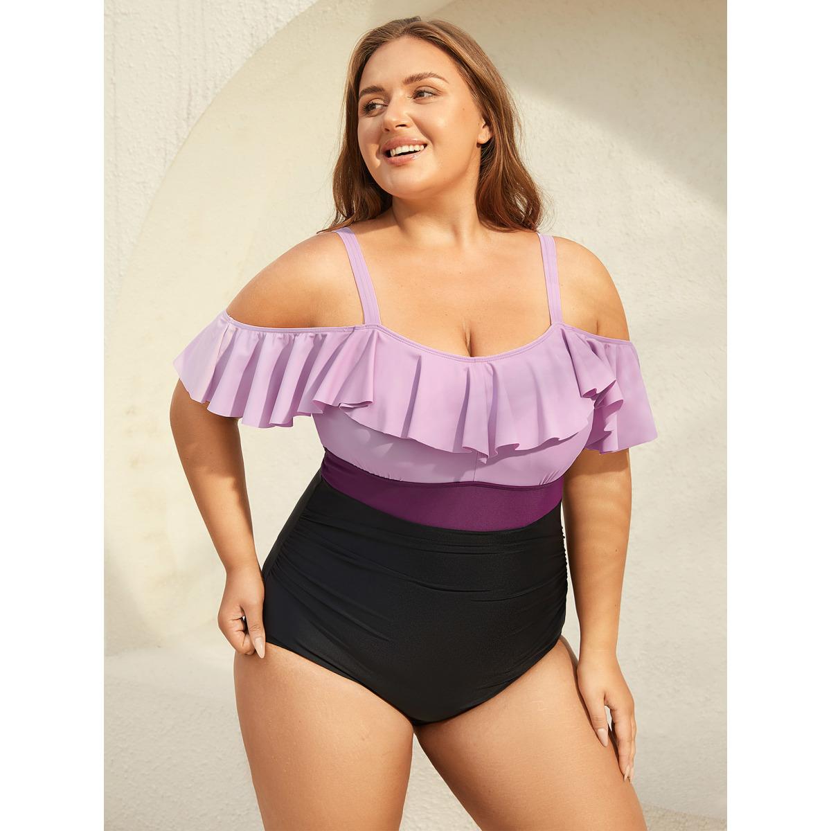 Plus Size Cold-Shoulder Ruffled One-Piece Swimsuit Women's Swimwear Lilac Beach Gathered Curve Bathing Suits High stretch One Pieces BloomChic 28/5X Product Image